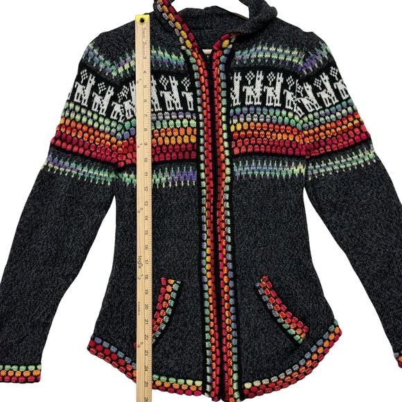 Vtg Peruvian Alpaca Llama Hoodie Sweater Rainbow Trim Boho Andean Knit Zip *flaw - Picture 2 of 8